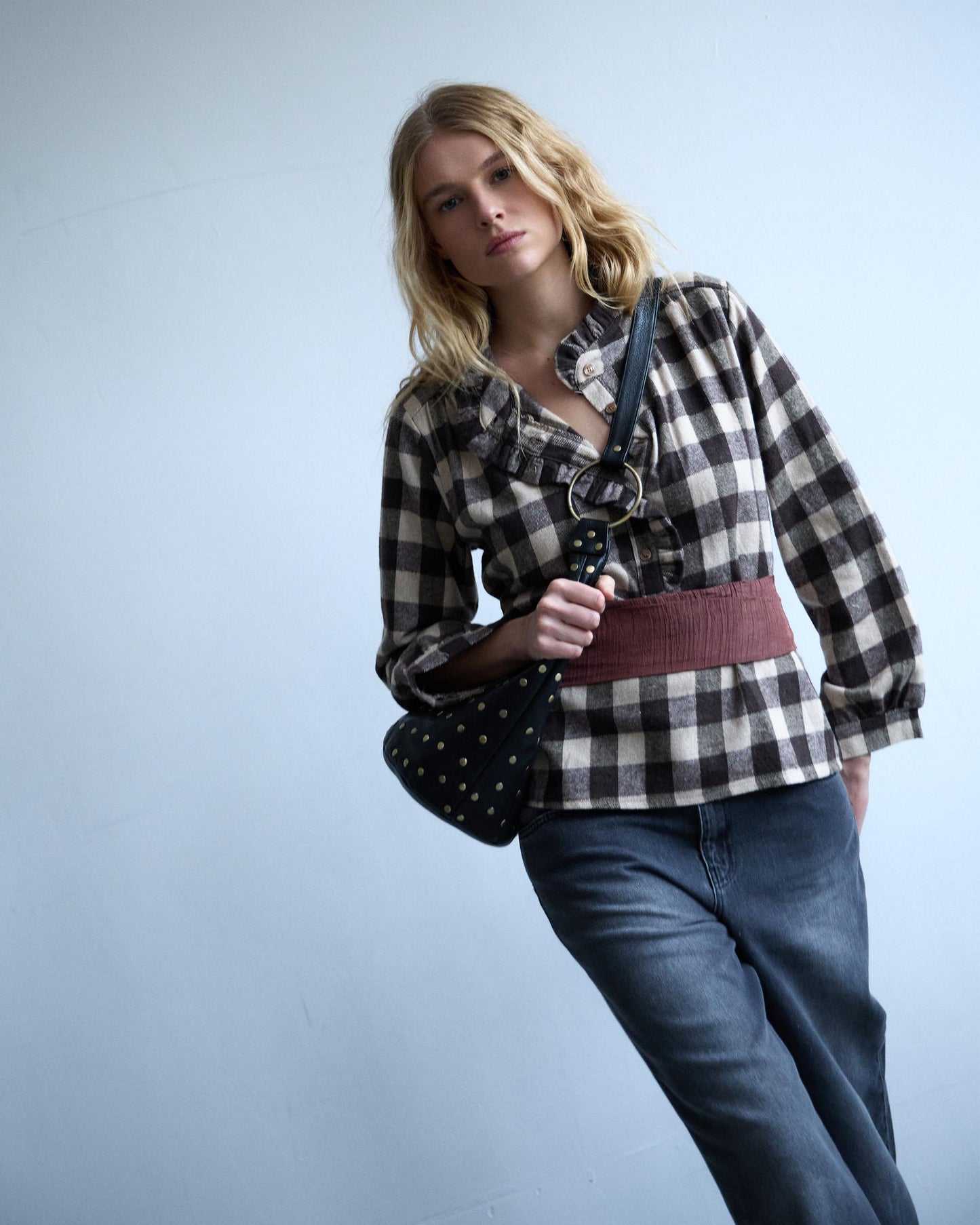 Brown Gingham Blouse with Ruffle