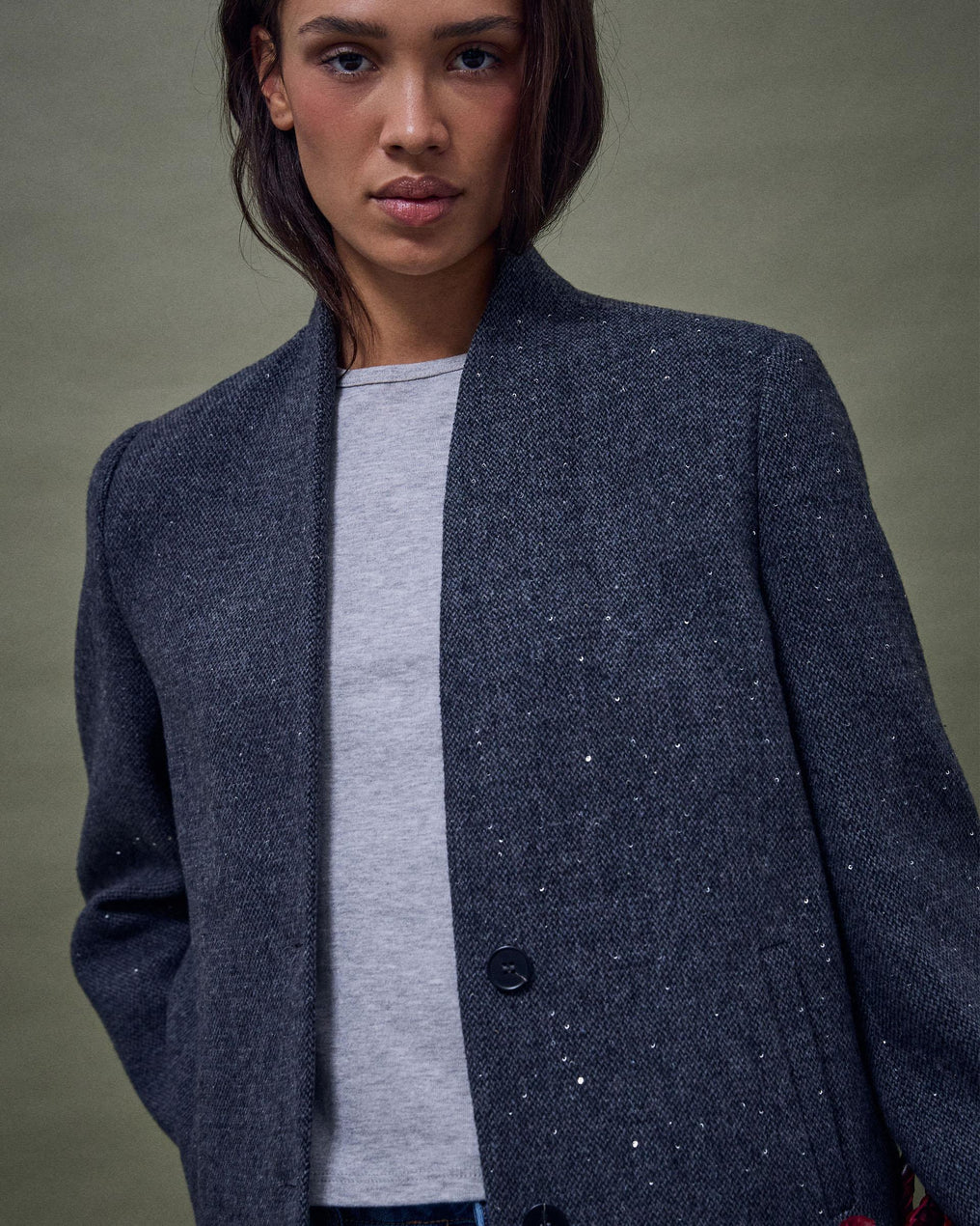 Chaqueta Cuello Subido Lentejuelas Con Lana Gris