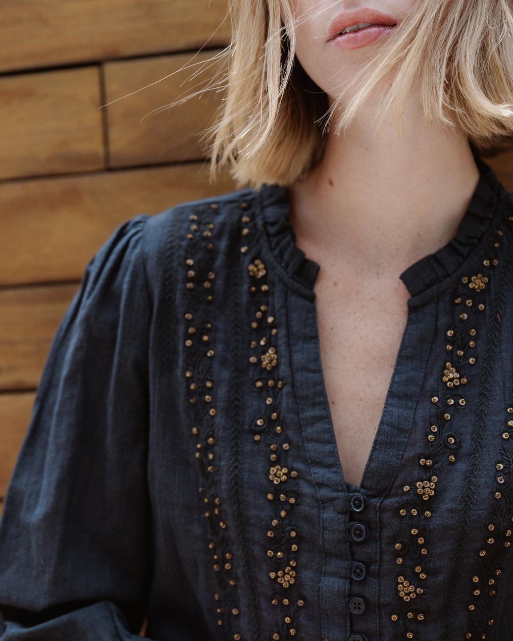 Blusa Manga Francesa Lentejuelas Antracita