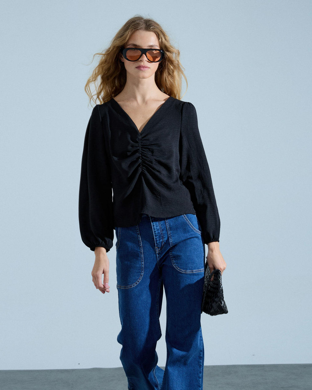 Long Sleeve Gathered Blouse Black