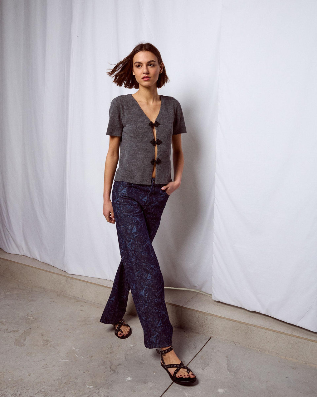 Jeans Wide Leg Estampado Azul Oscuro