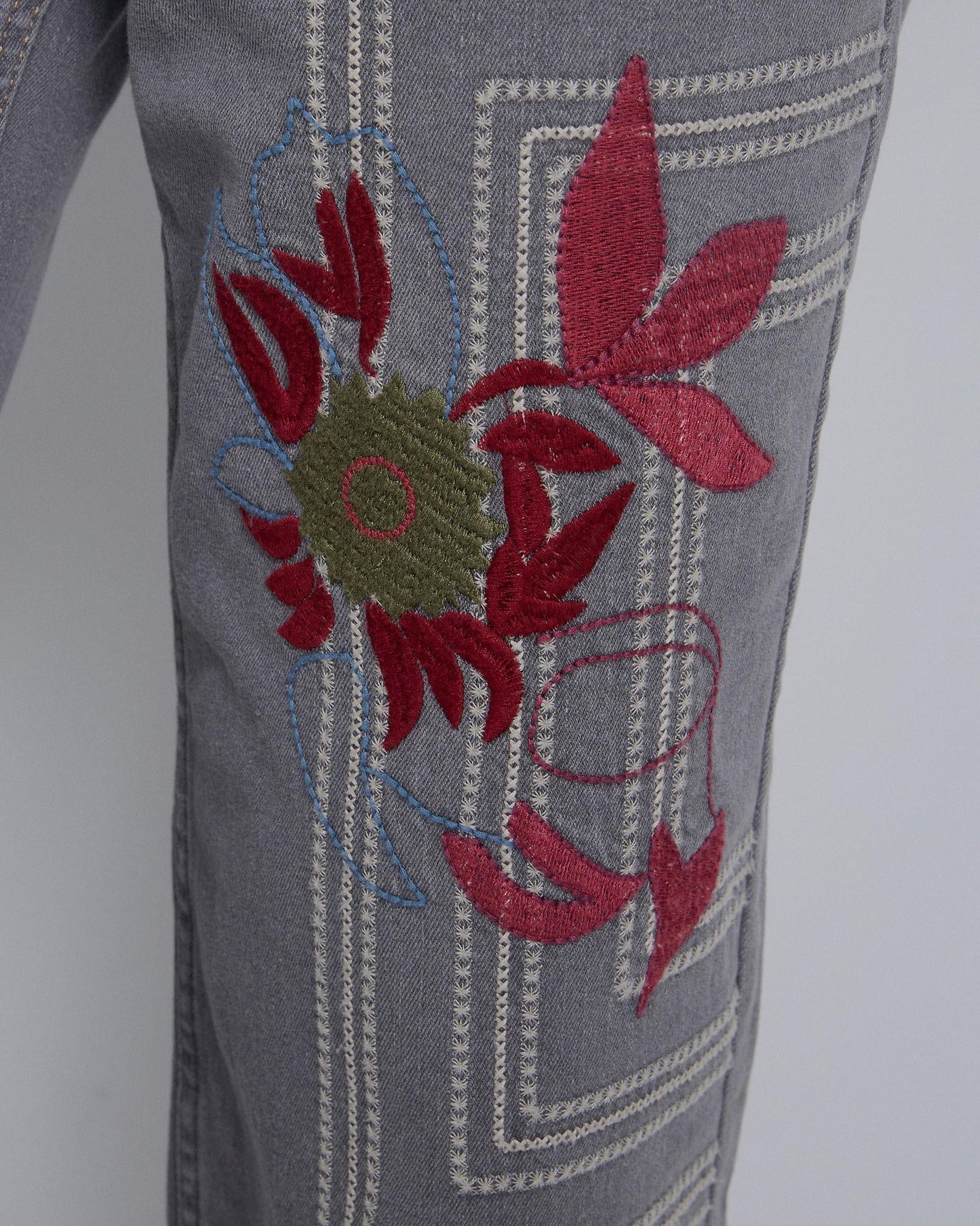 Embroidered Jeans with Flowers and Squares in Gray