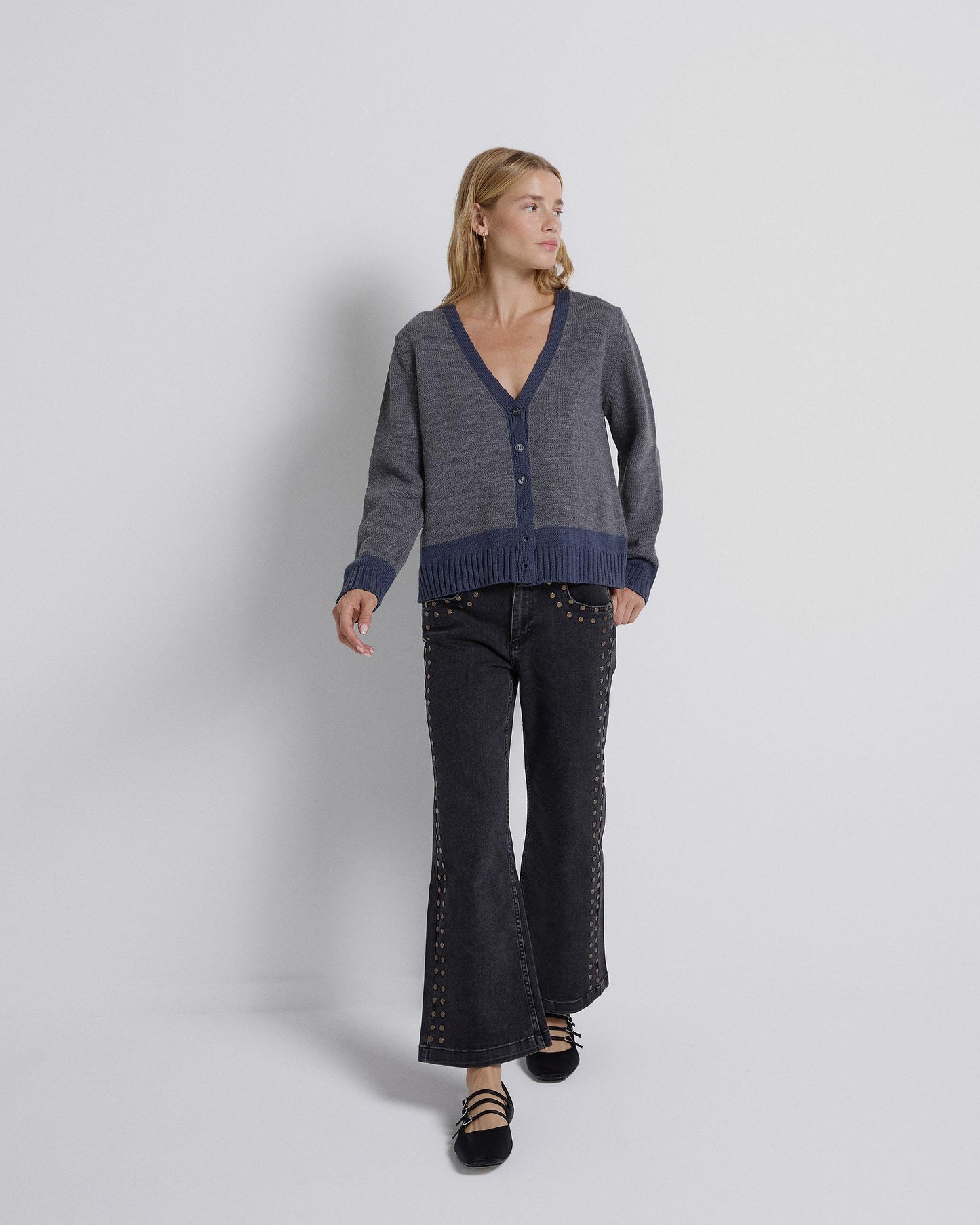 Chaqueta Punto Cuello Pico Bicolor Azul