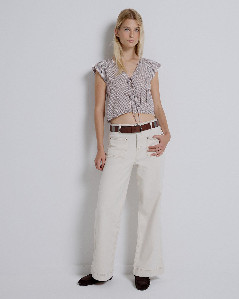 Pink Plaid Blouse with Front Bows