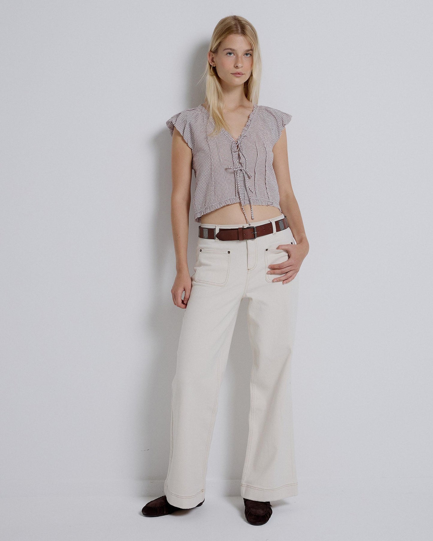 Pink Plaid Blouse with Front Bows