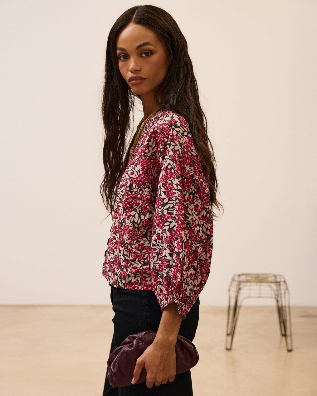 Blouse Plissée à Imprimé Floral Grenat