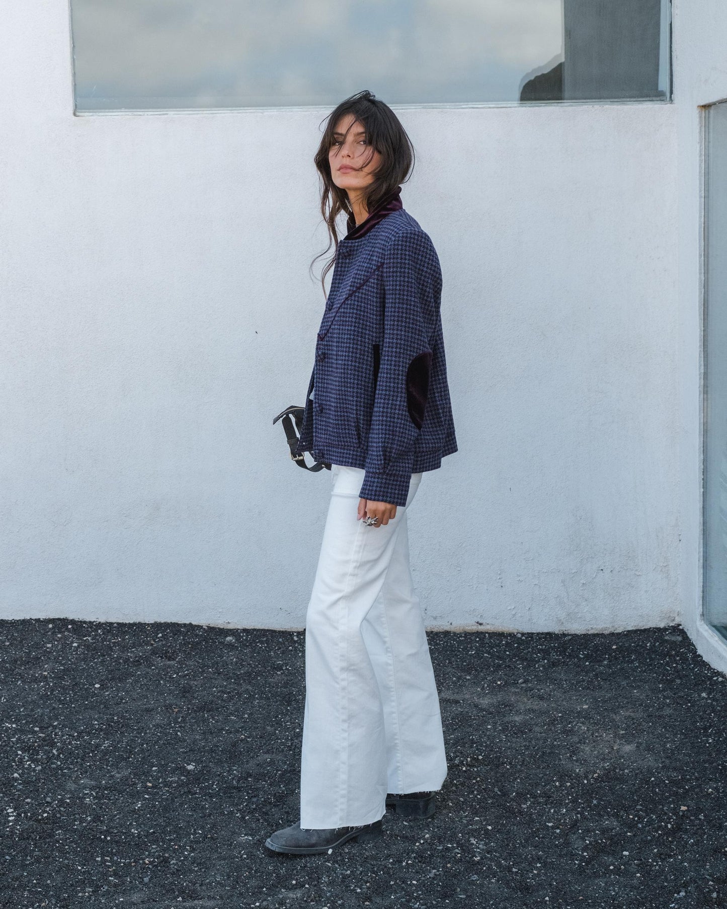 Casaco bomber de veludo contrastante com mistura de lã roxa