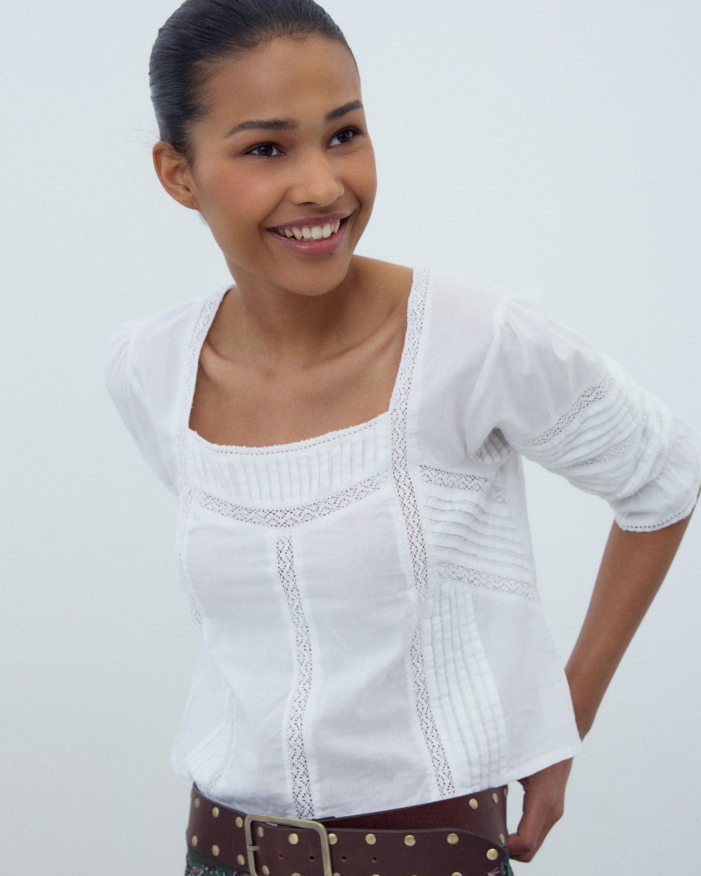 White Square Neckline Lace Blouse