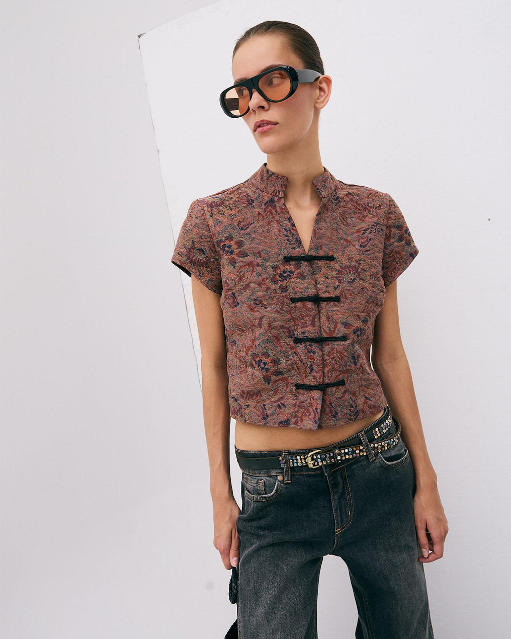 Top Jacquard Estampado Floral Teja