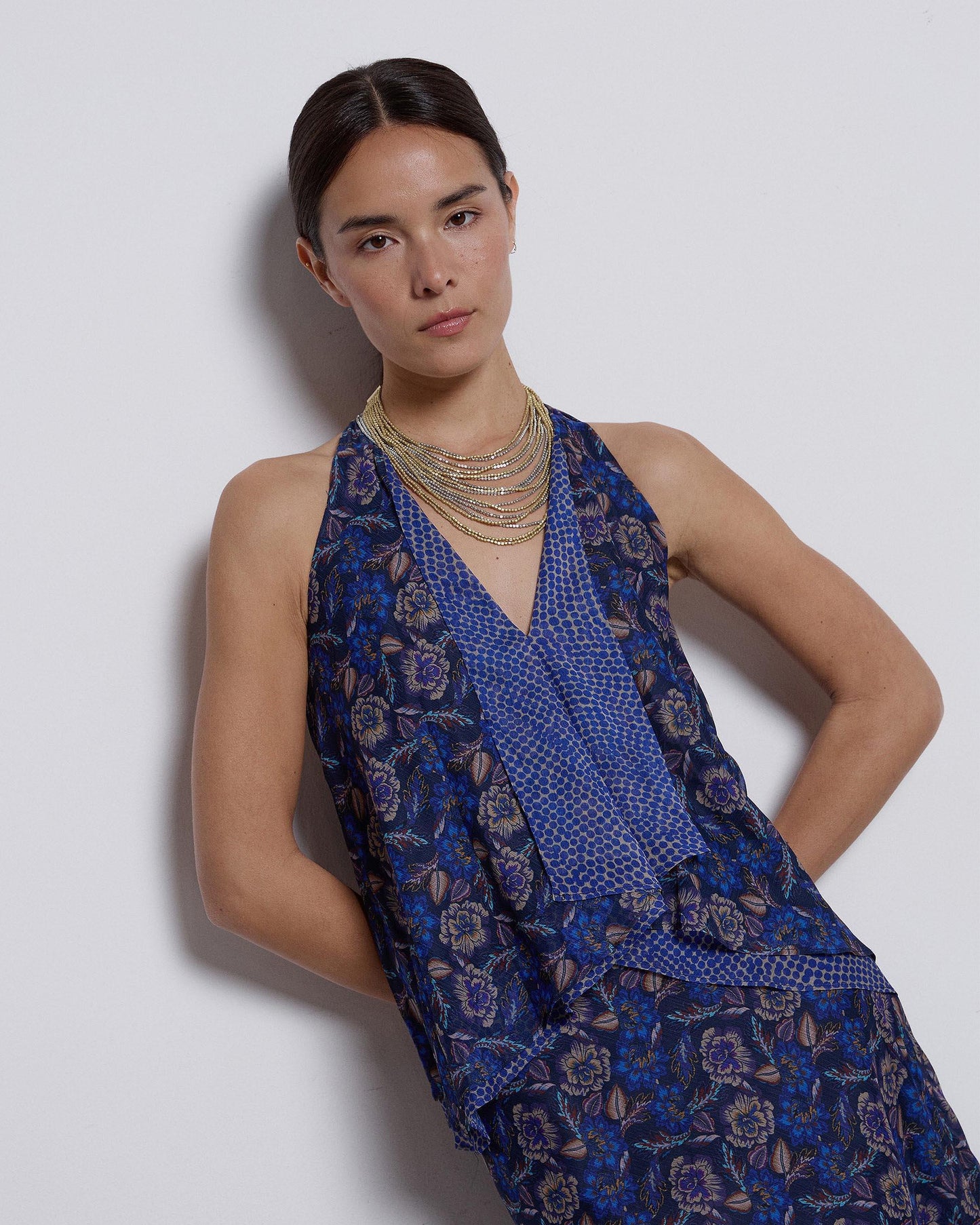 Falda Picos Estampado Flores Y Puntos Azul