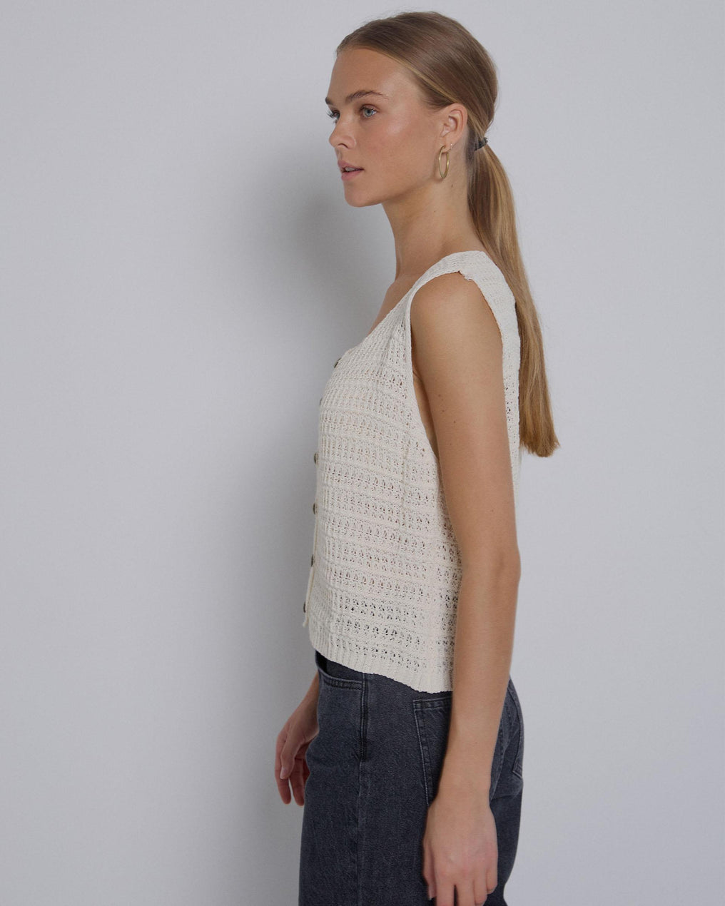 Beige Openwork Button Vest