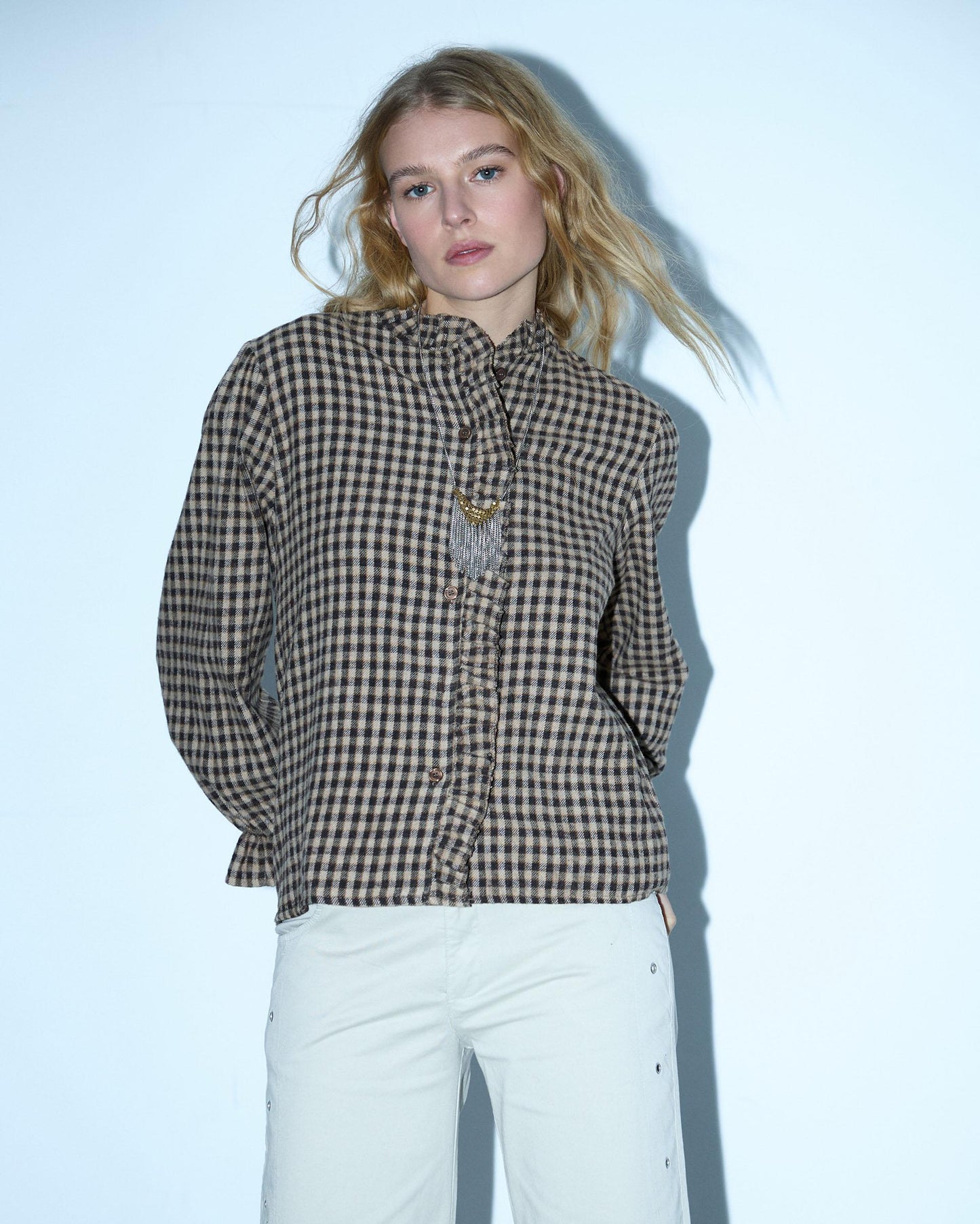 Plaid Blouse with Mandarin Collar and Ruffle, Brown
