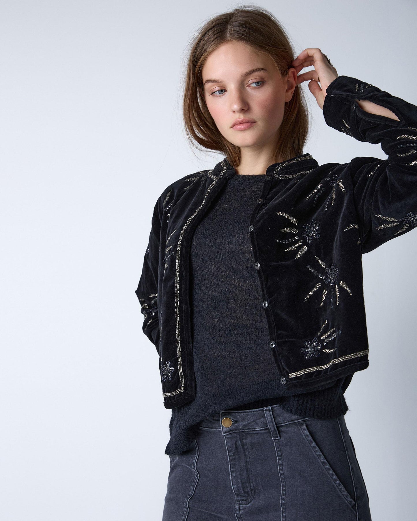 Black Beaded Velvet Bomber