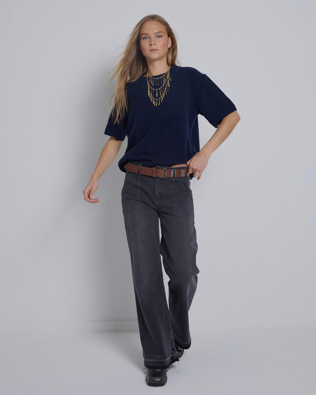 Camisola de malha de manga curta azul-marinho