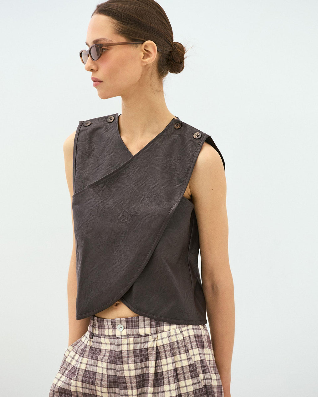Brown Faux Leather Wrap Top