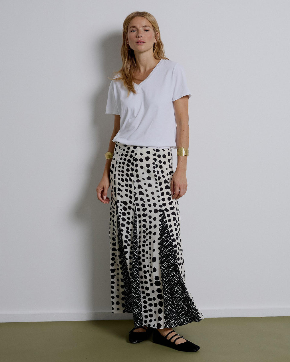 Falda Larga Lunares Picos Contraste Blanco