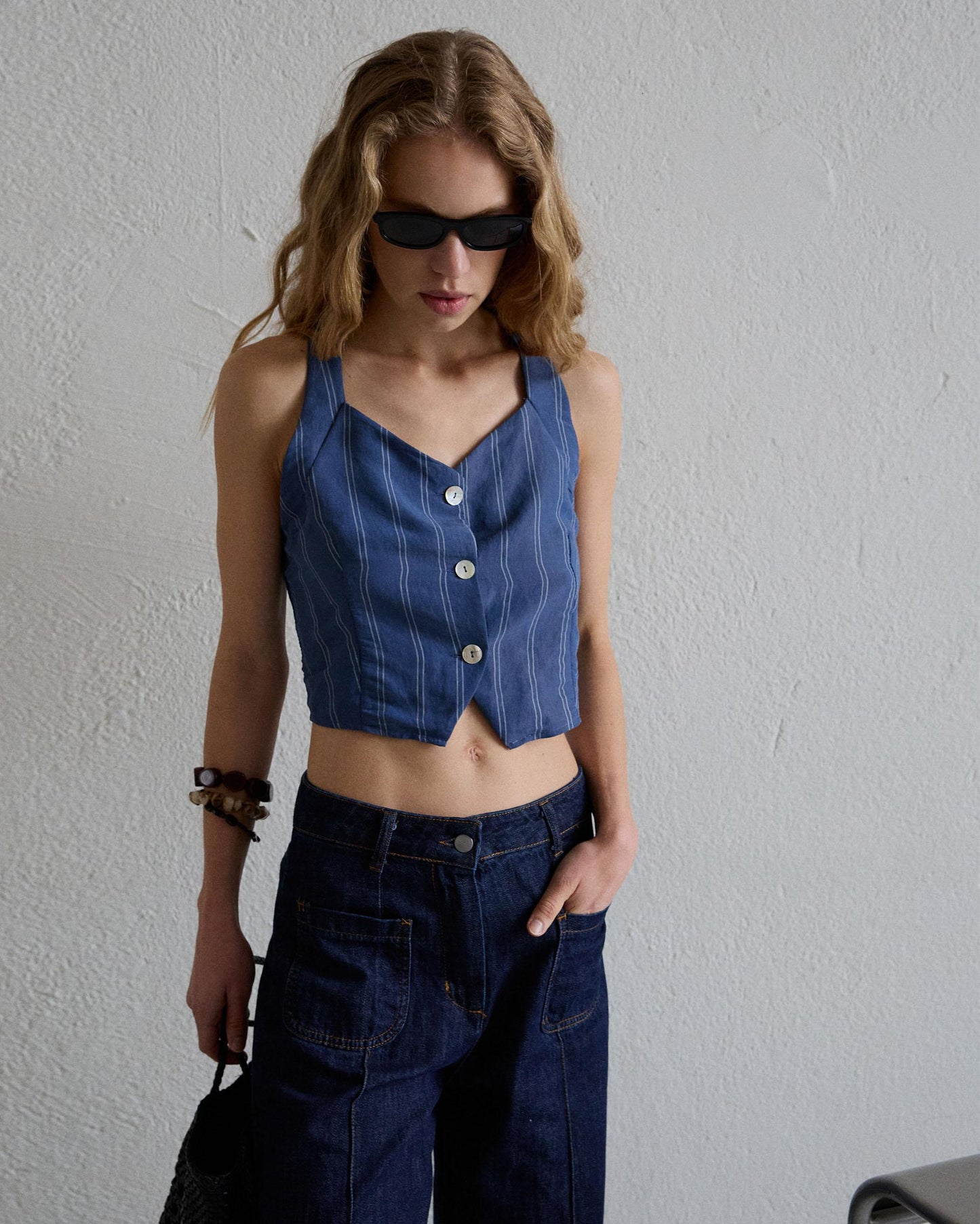 Top Botones Rayas Azul