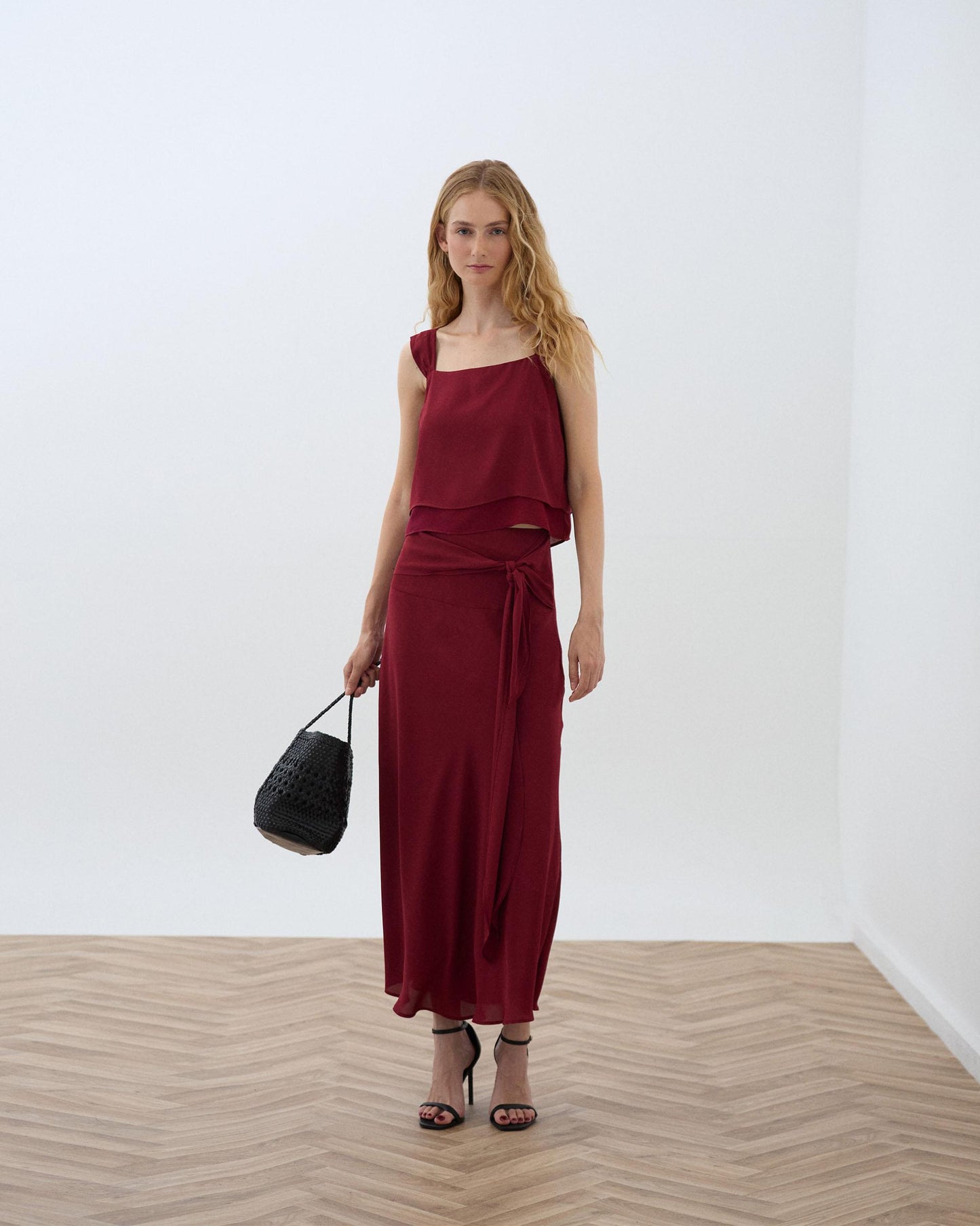 Burgundy Tie-Front Maxi Skirt