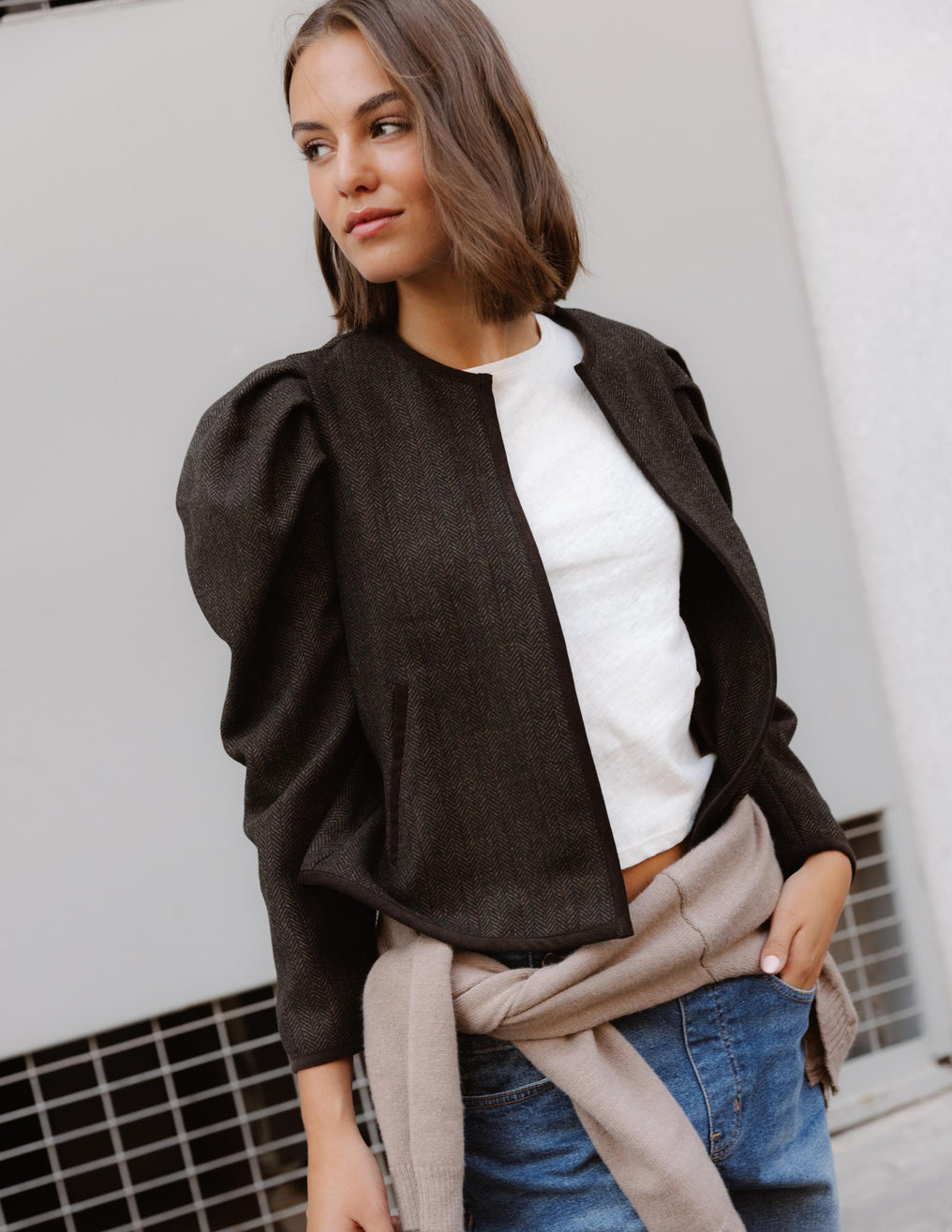 Chaqueta Manga Abullonada Espiga Marrón