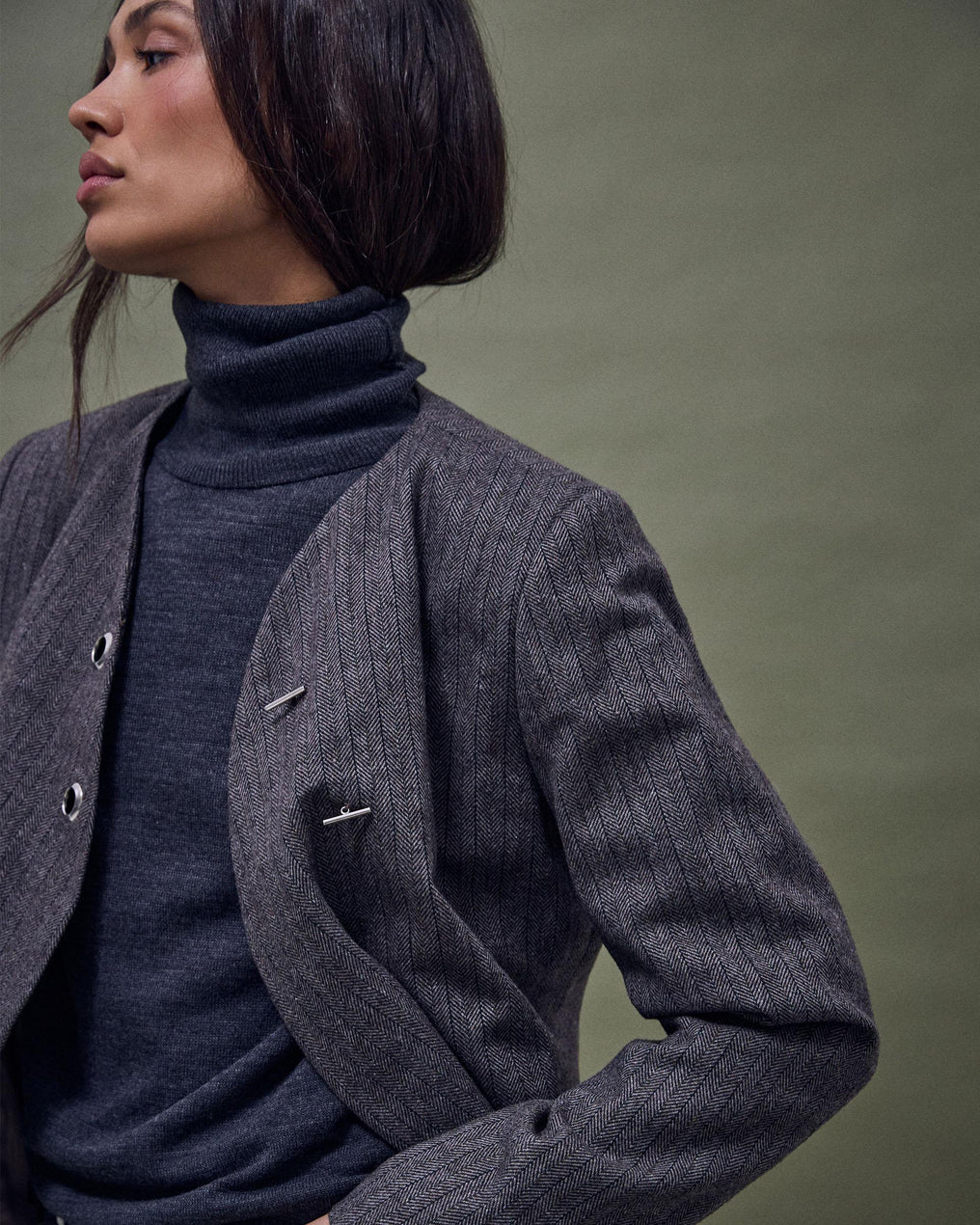 Chaqueta Botones Anillas Mezcla Lana Taupe