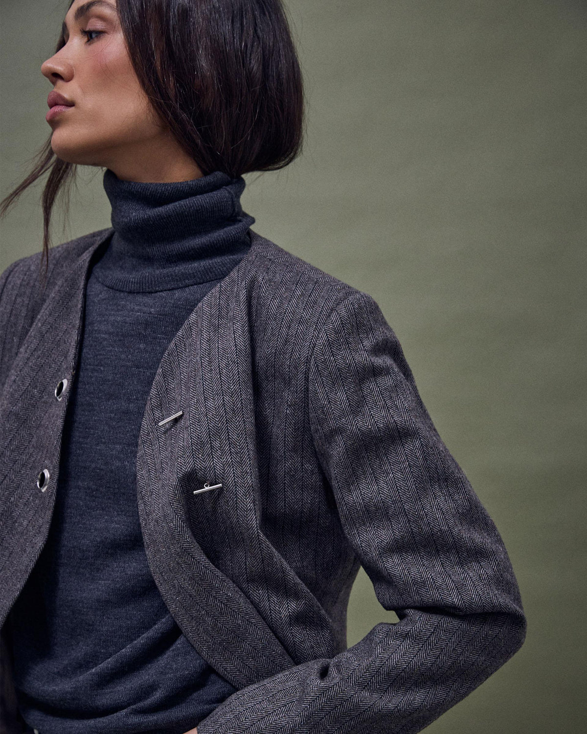 Chaqueta Botones Anillas Mezcla Lana Taupe