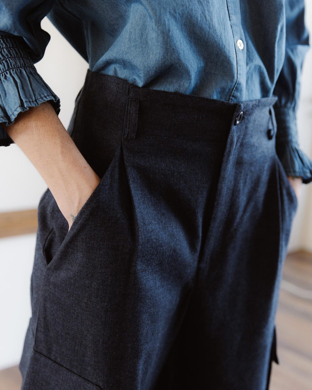 Navy Blue Cargo Trousers with Pleats and Pockets