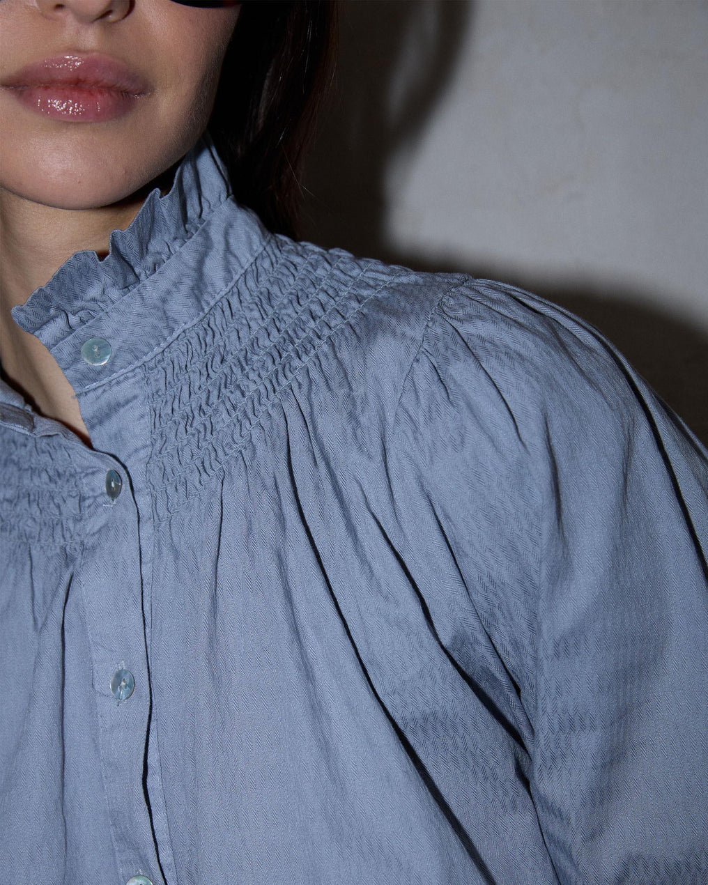 Honeycomb Blouse with Light Blue Collar