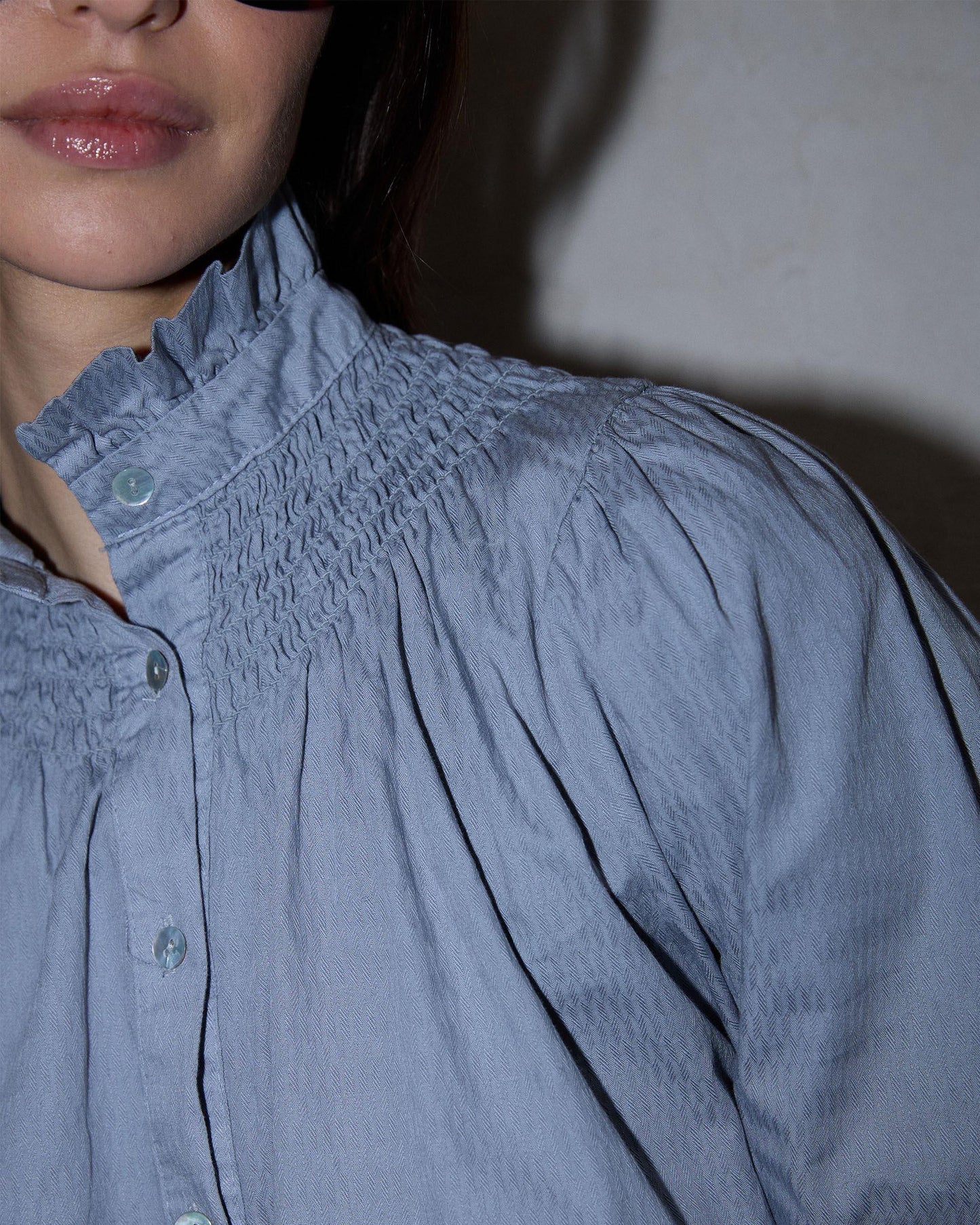 Honeycomb Blouse with Light Blue Collar