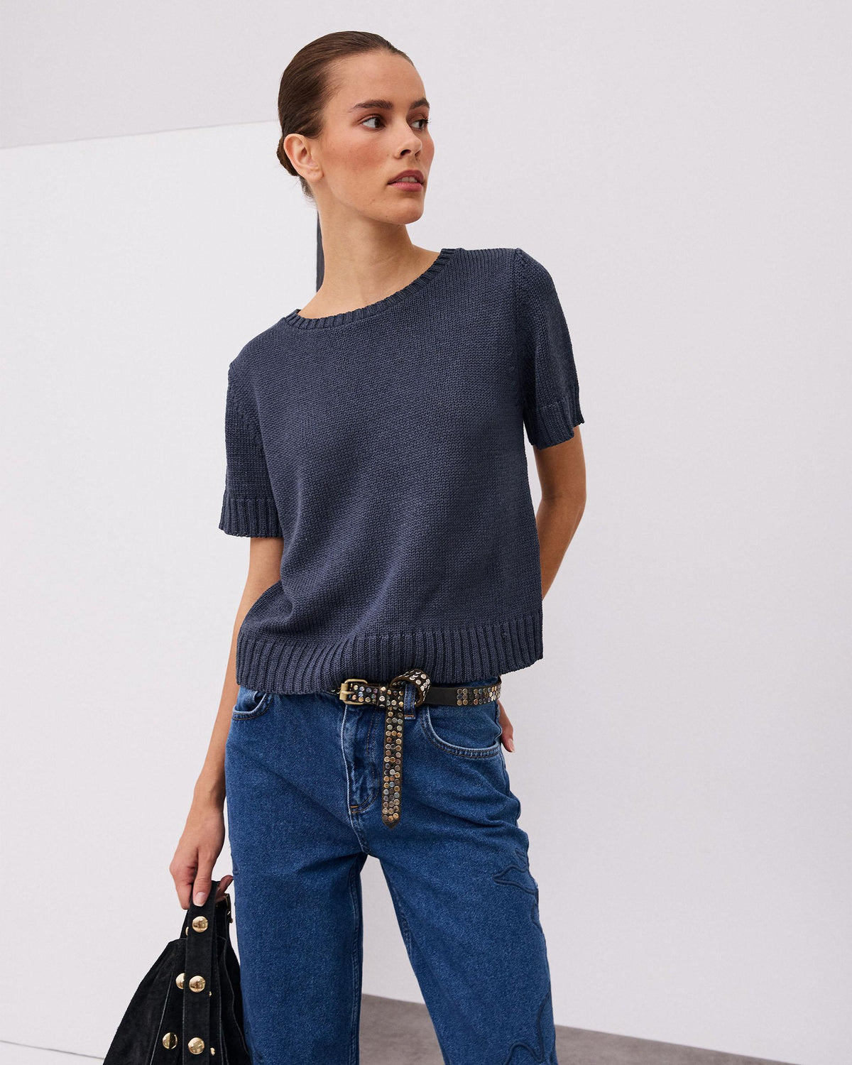 Top Basique Bleu Marine en Maille à Manches Courtes