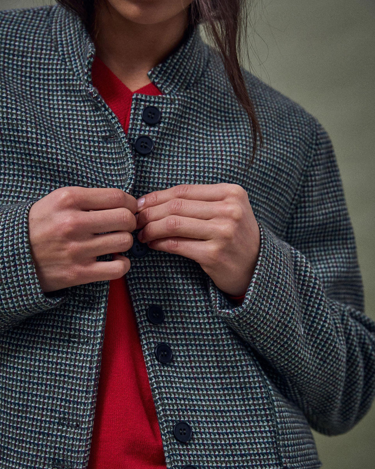 Chaqueta Corta Botones Mezcla Lana Verde