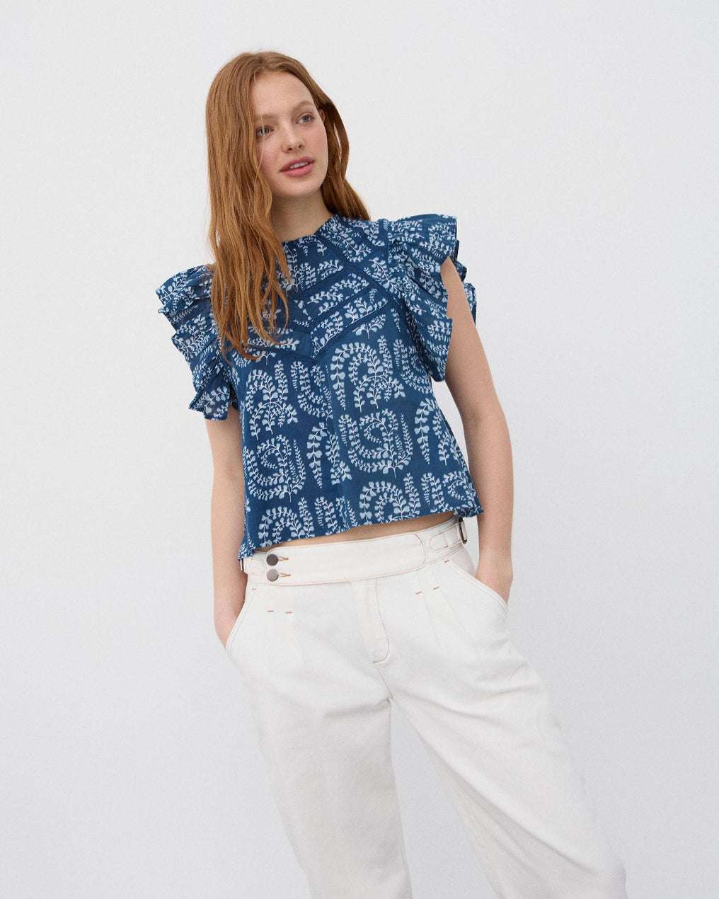 Blusa Manga Corta Volantes Puntillas Estampada Azul Oscuro