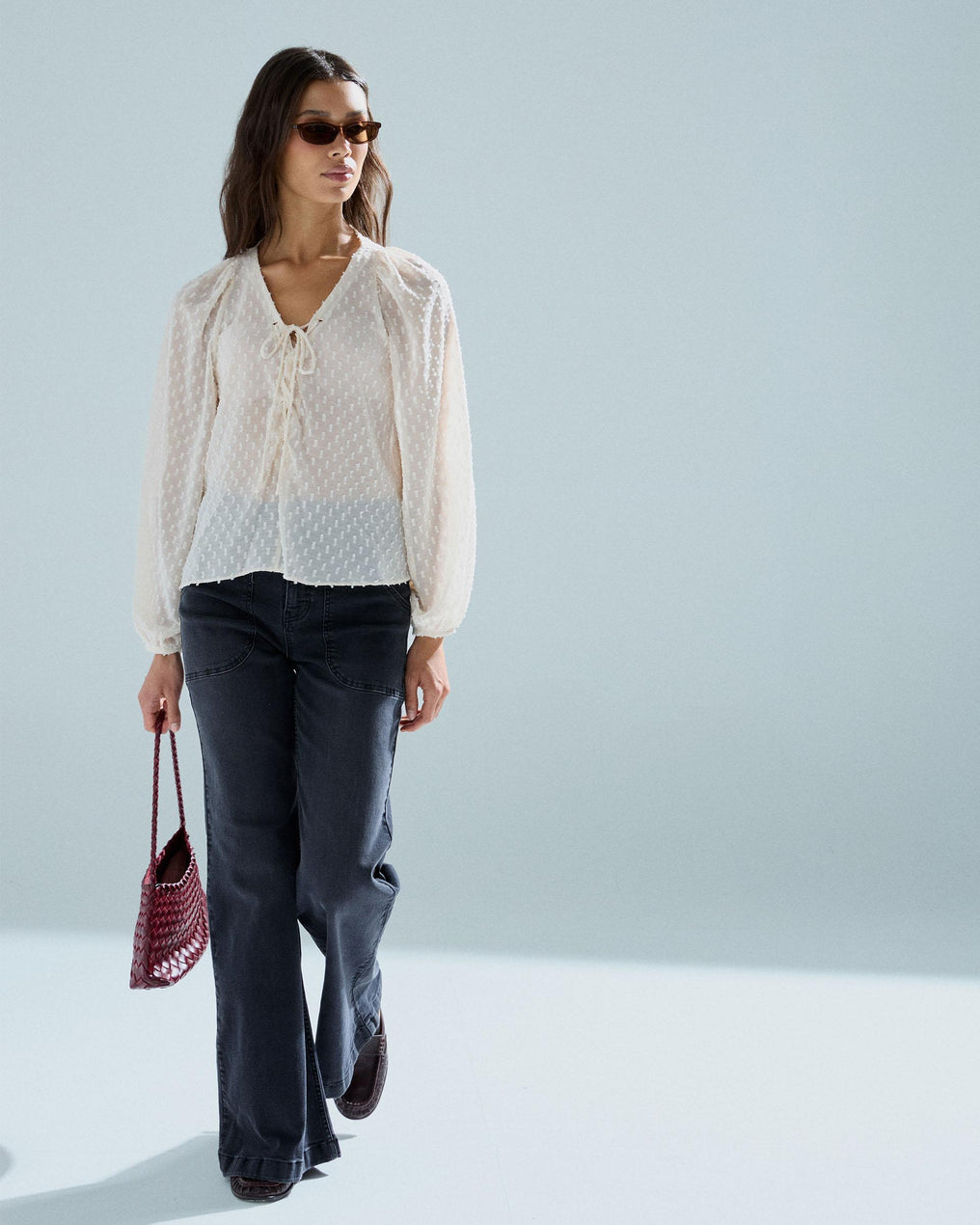White Swiss-Dot Tie Blouse