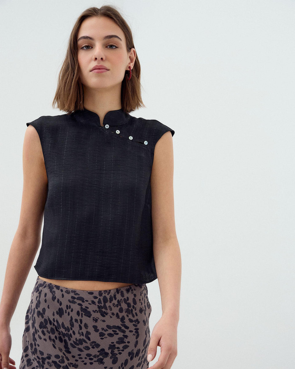 Sleeveless Blouse Side Buttons Lurex Stripe Black