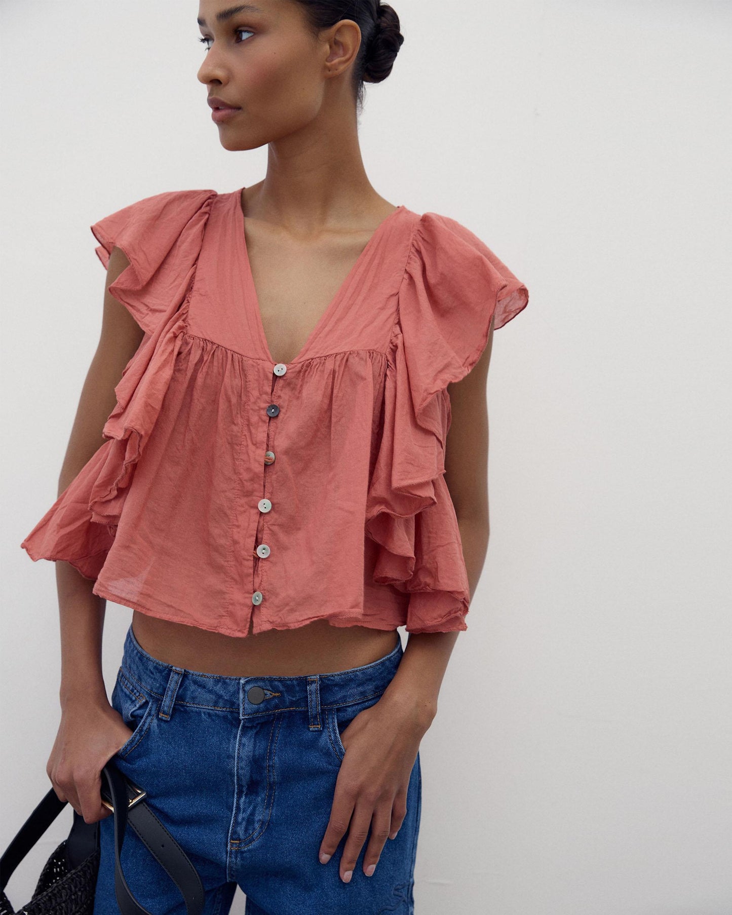 Blusa Botones Volantes Teja