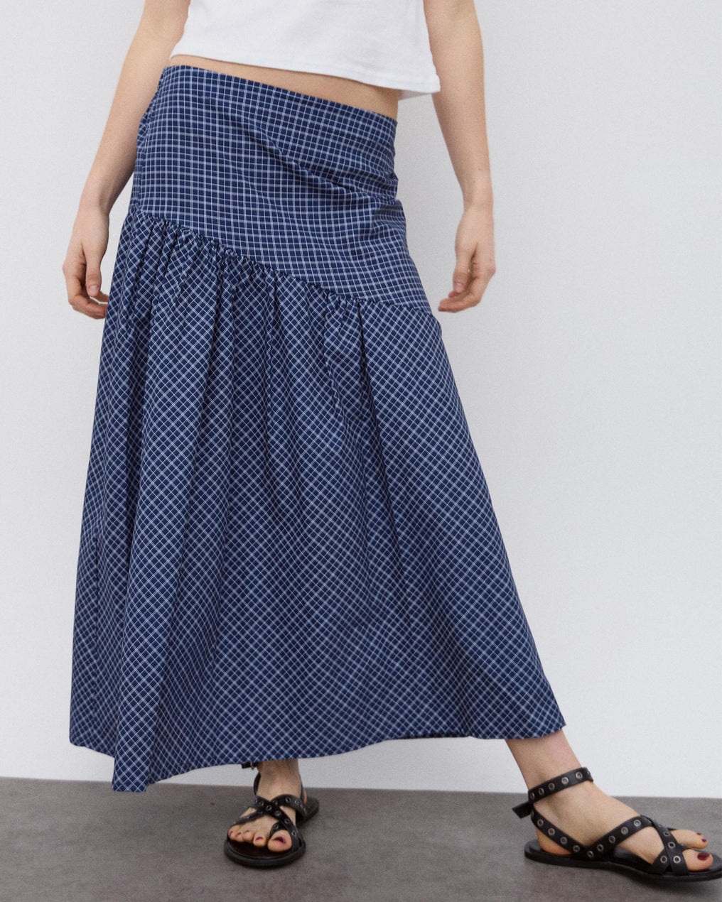 Dark Blue Plaid Asymmetrical Yoke Skirt