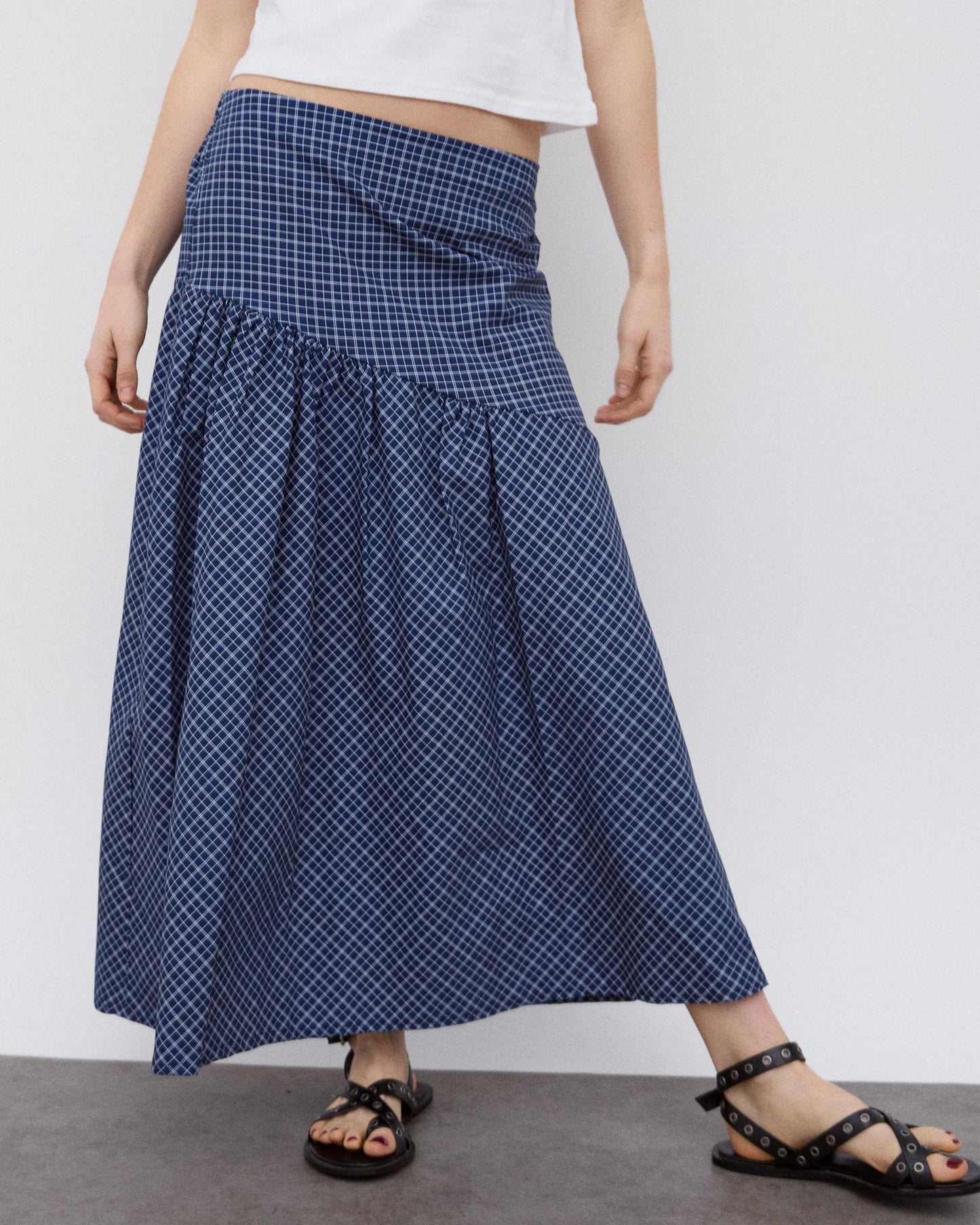 Dark Blue Plaid Asymmetrical Yoke Skirt