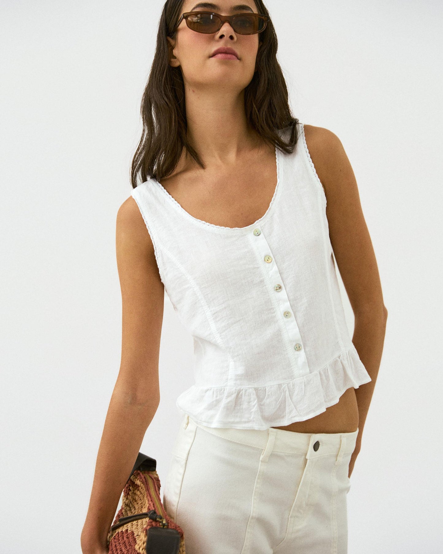 Top Boutons Volant Bas Lin Blanc