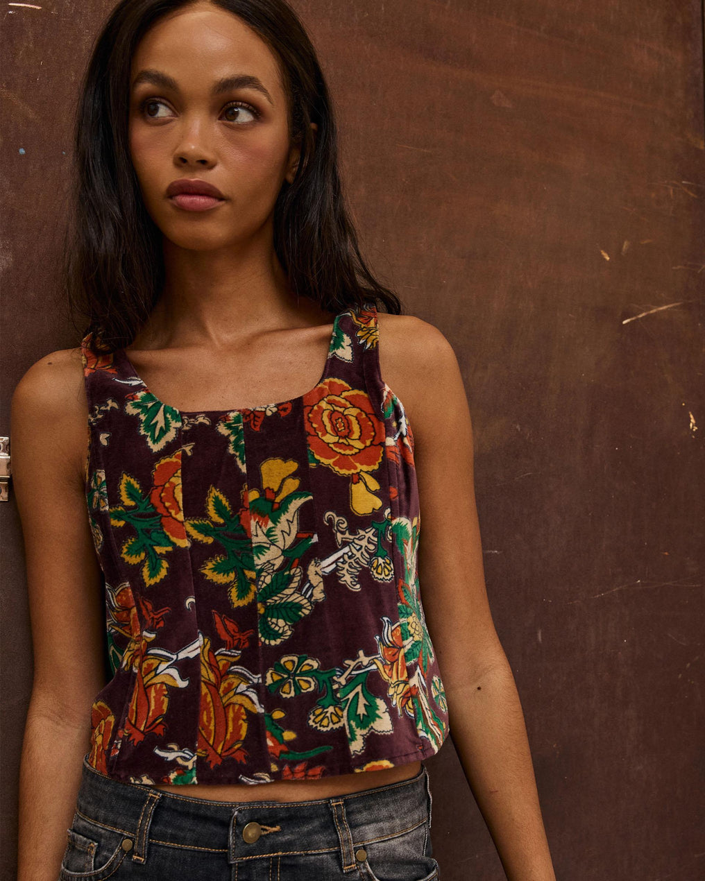 Top Corsetero Terciopelo Estampado Marrón