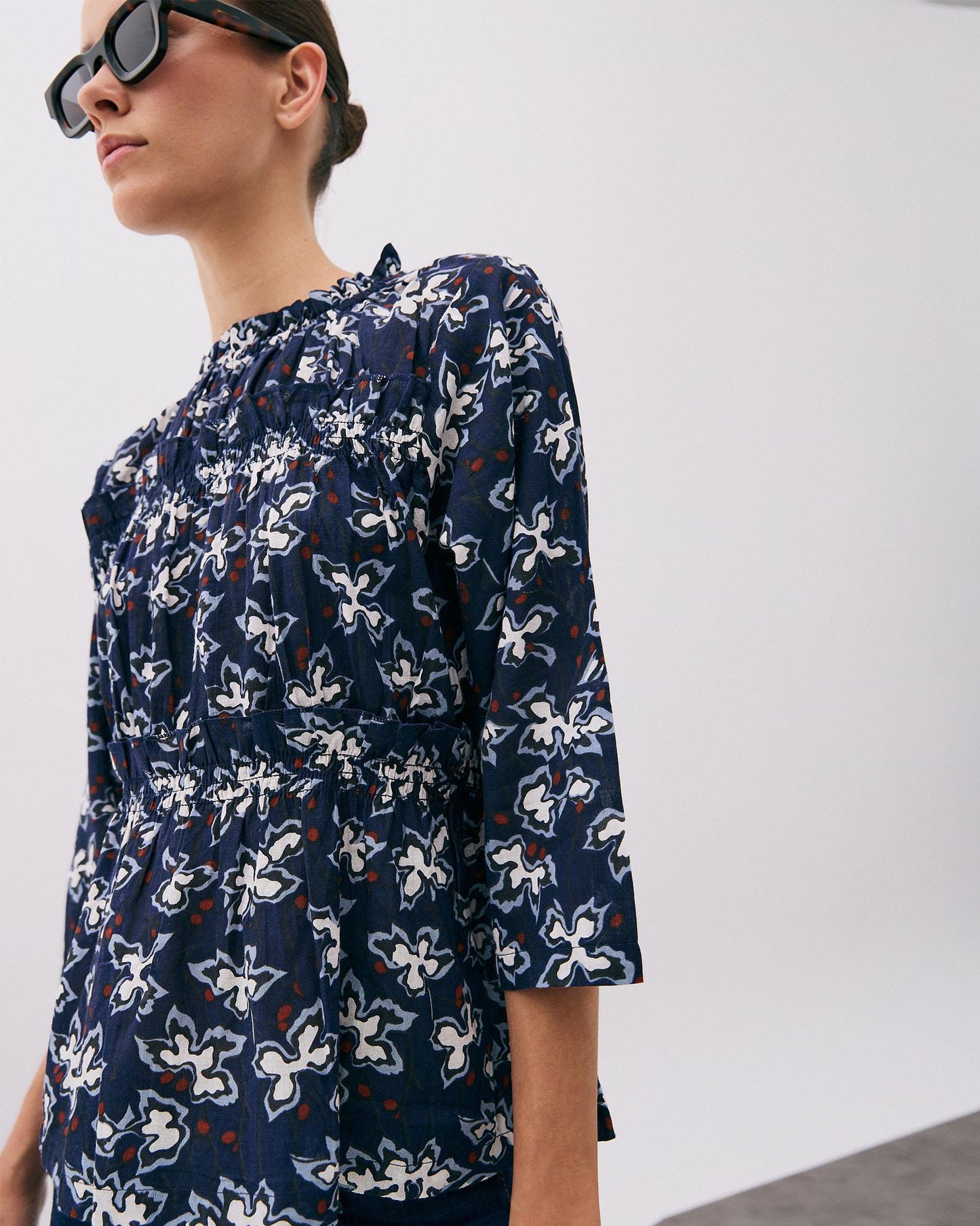 Navy Blue Floral Print Long Sleeve Blouse with Gathers