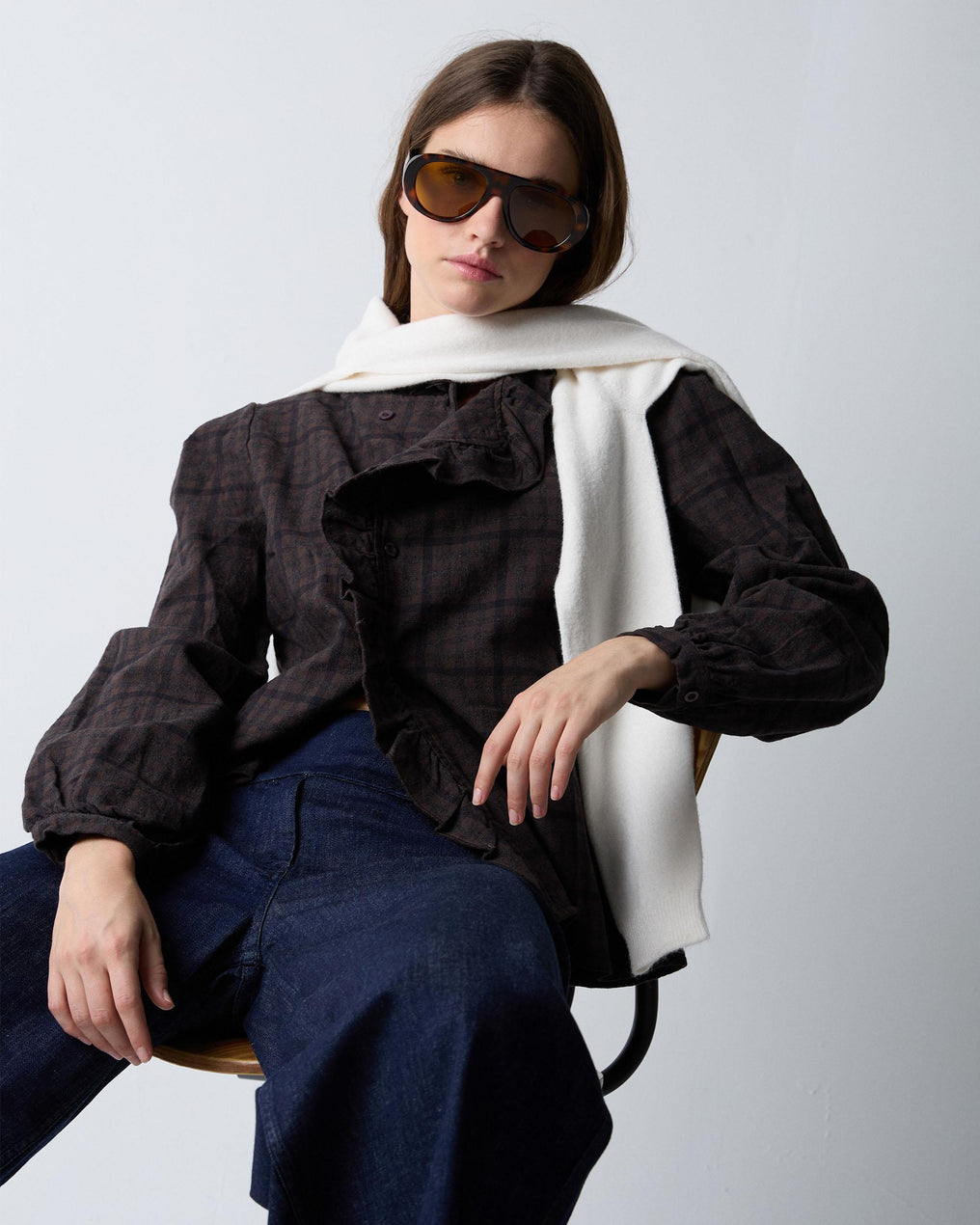 Blusa Volante Lateral Cuadros Marrón