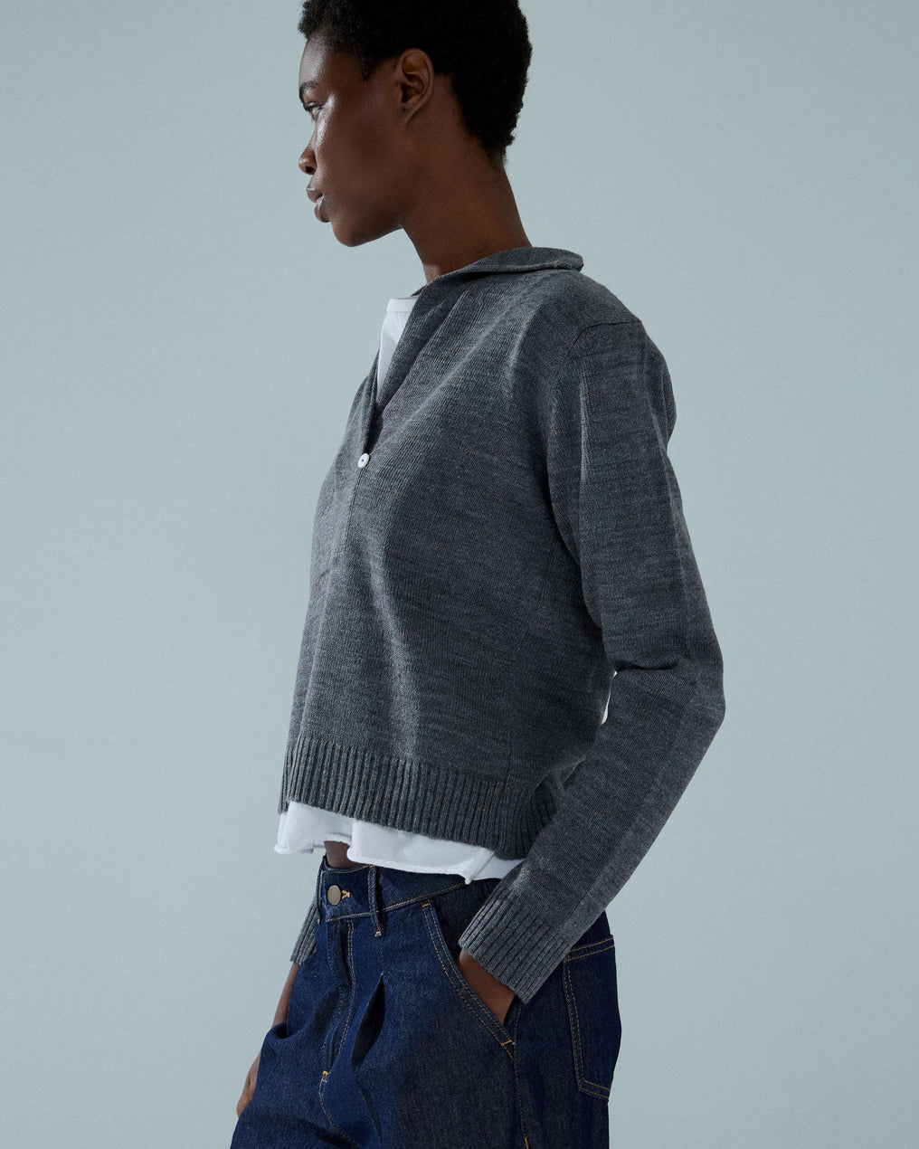 Jersey Cuello Polo Botón Gris