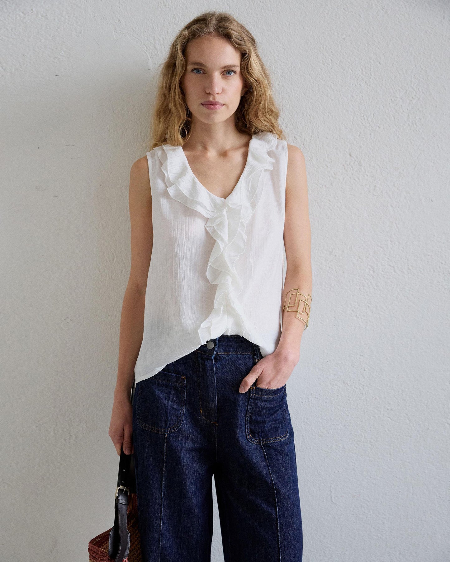 White V-Neck Ruffle Sleeveless Blouse