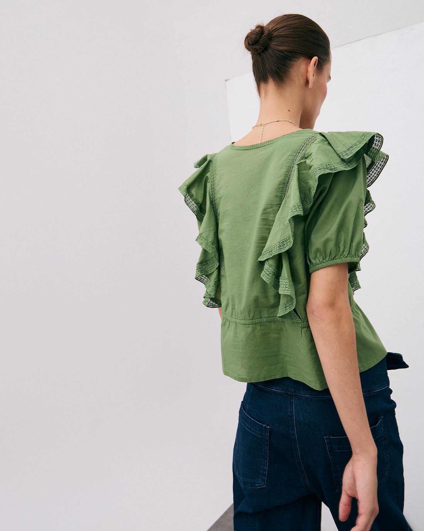 Short Sleeve Ruffle Button Up Blouse Green