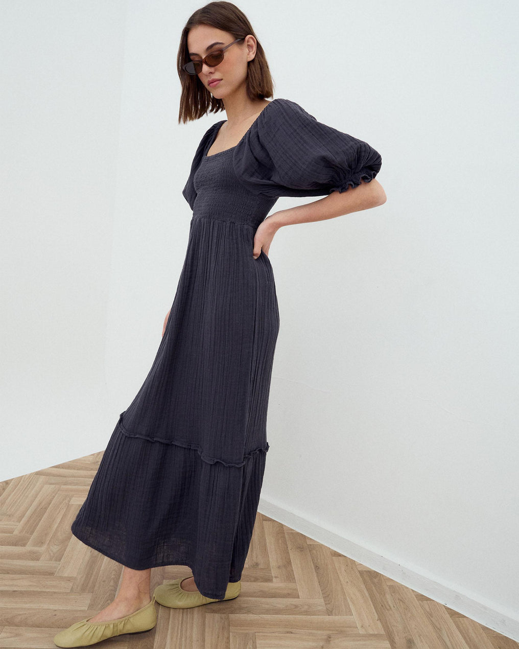 Vestido Nido De Abeja Manga Abullonada Antracita