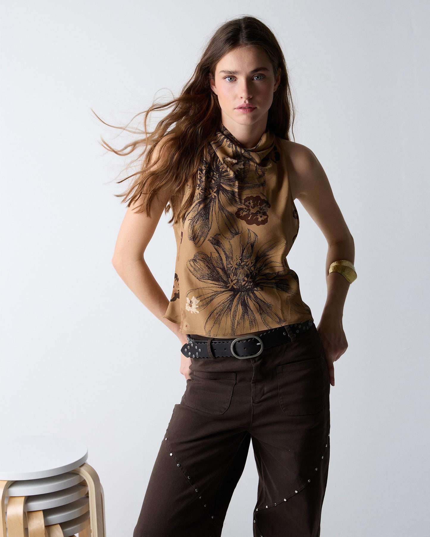 Brown Printed Draped Neckline Top