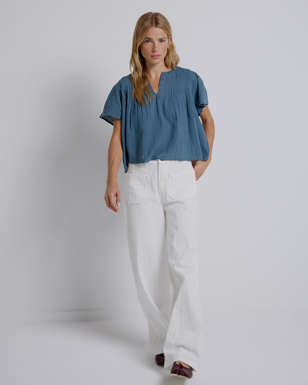 White Striped Trousers with Patch Pockets