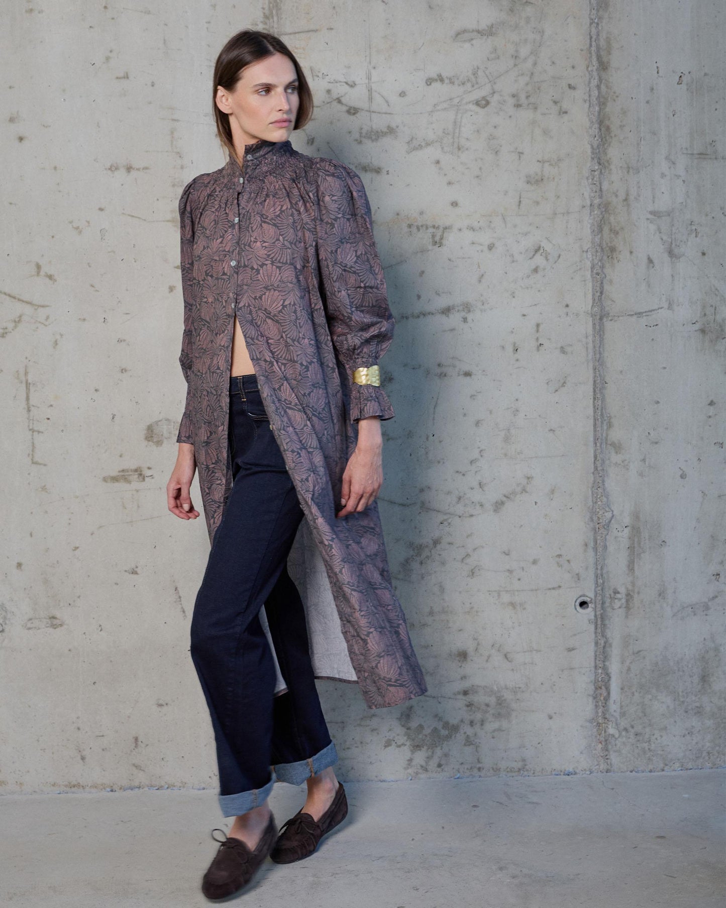 Vestido Manga Abullonada Estampado Antracita