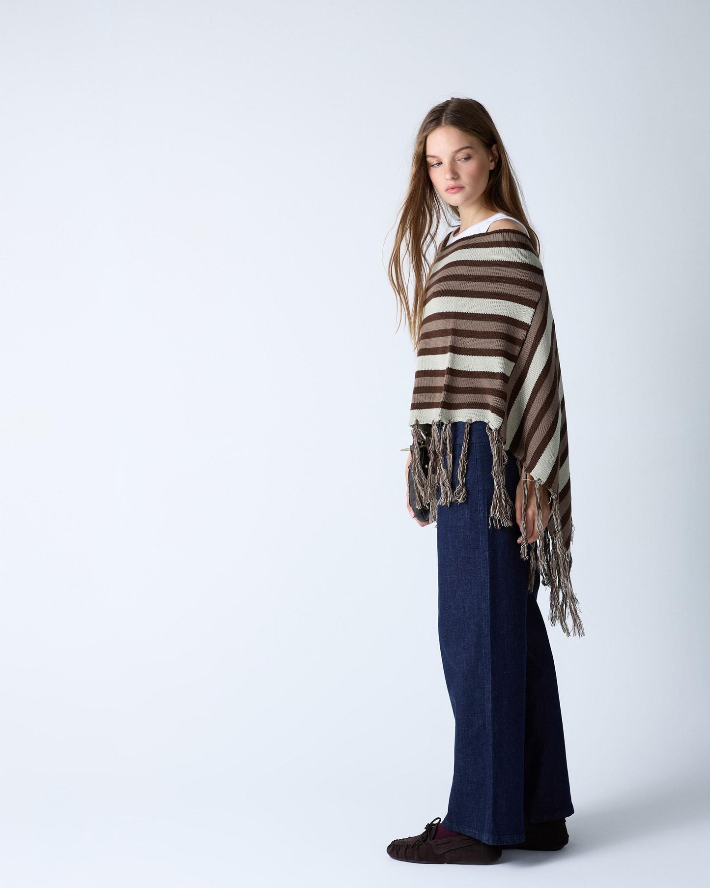 Poncho Rayas Flecos Marrón