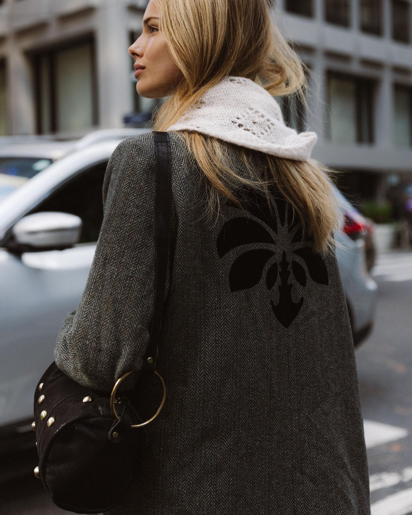 Abrigo Bordado Espalda Mezcla Lana Petróleo