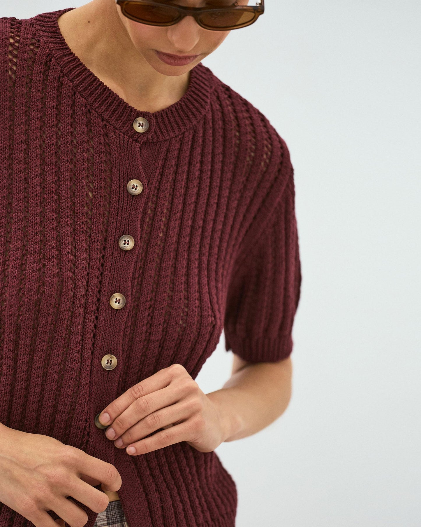 Burgundy Openwork Short Sleeve Top